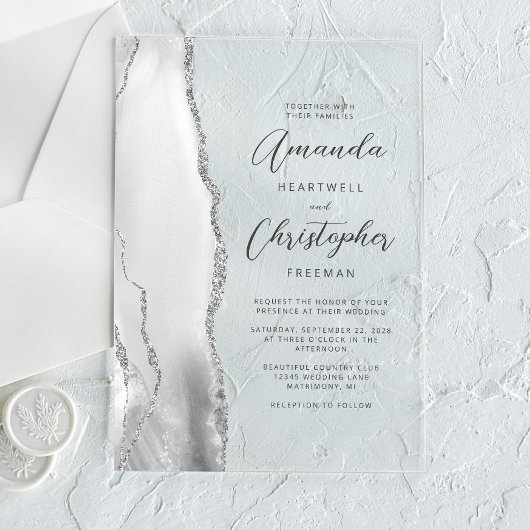 Invitations En Acrylique Mariage gris argent Agate Script