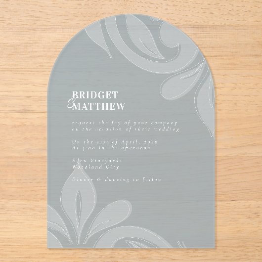 Invitations En Acrylique Mariage gris Cadet Damask Classique (Recto)