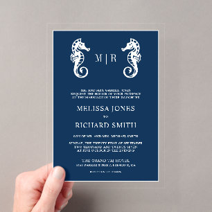 Invitations En Acrylique Mariage Hippocampe Marin Bleu Foncé