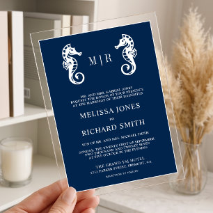 Invitations En Acrylique Mariage Hippocampe Marin Bleu Foncé