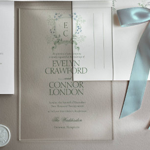 Invitations En Acrylique Mariage hivernal élégant au blason floral