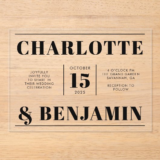 Invitations En Acrylique Mariage horizontal noir gras moderne (Recto)