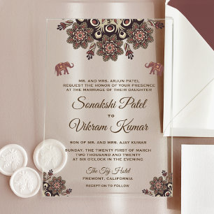 Invitations En Acrylique Mariage indien à motif marron vintage