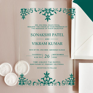 Invitations En Acrylique Mariage indien damassé sarcelle ethnique