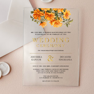 Invitations En Acrylique Mariage Indien Fleur Jaune de Tagète