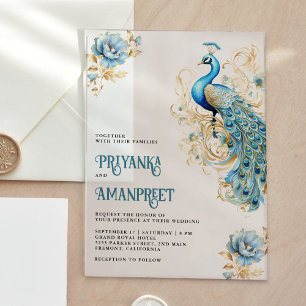 Invitations En Acrylique Mariage indien floral bleu pastel or paon