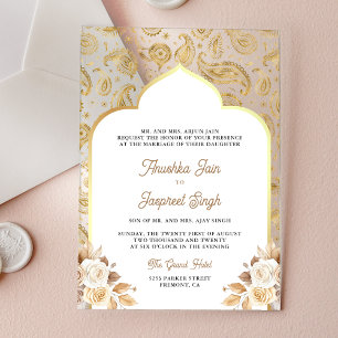 Invitations En Acrylique Mariage indien floral Paisley Or Crème