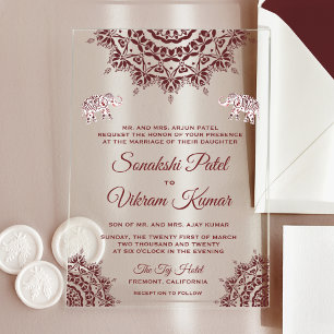 Invitations En Acrylique Mariage indien henna burgundy élégant
