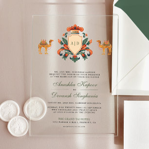Invitations En Acrylique Mariage indien hindou Royal Camel Crest vintage