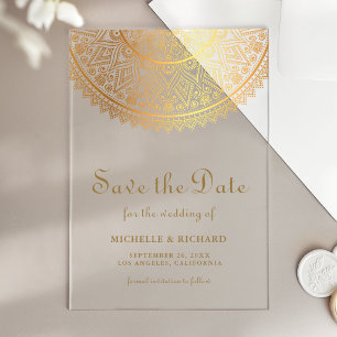 Invitations En Acrylique Mariage indien mandala doré, carte de sauvegarde d