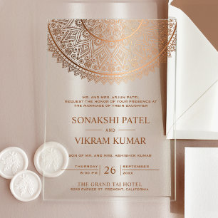Invitations En Acrylique Mariage indien traditionnel Mandala Bronze