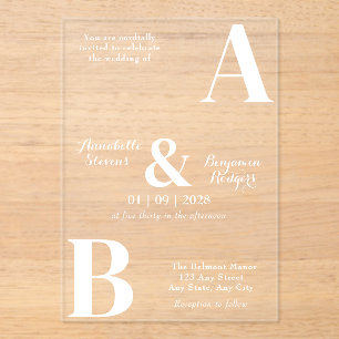 Invitations En Acrylique Mariage initial blanc minimaliste moderne
