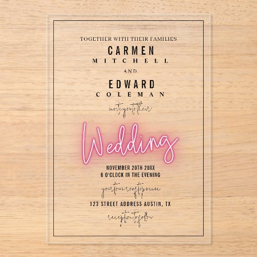 Invitations En Acrylique Mariage inspiré par la signature Neon (Recto)