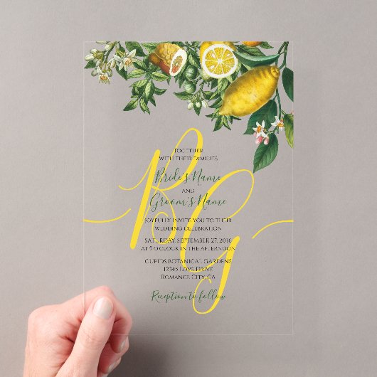 Invitations En Acrylique Mariage Jaune Citron Rustique & Feuillage Vert (In situ (ordinateur de poche))