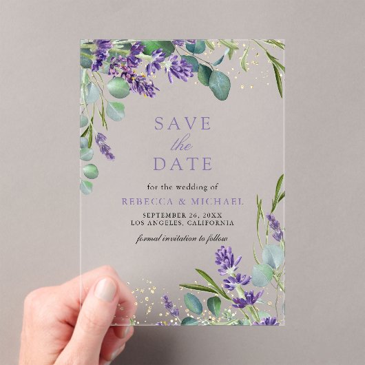 Invitations En Acrylique Mariage Lavender Eucalyptus Enregistrer la date (In situ (ordinateur de poche))