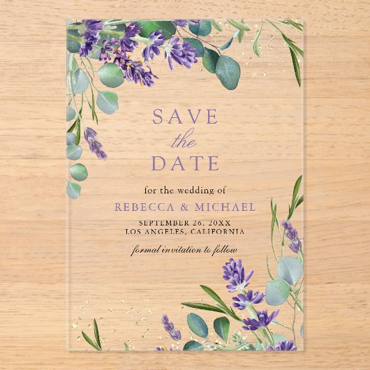 Invitations En Acrylique Mariage Lavender Eucalyptus Enregistrer la date (Recto)