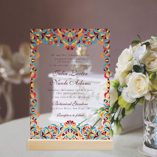 Invitations En Acrylique Mariage Mandala Floral Fantaisiste Orange Turquois
