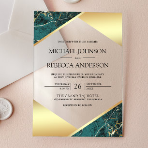 Invitations En Acrylique Mariage Marbre Géométrique Doré Sarcelle