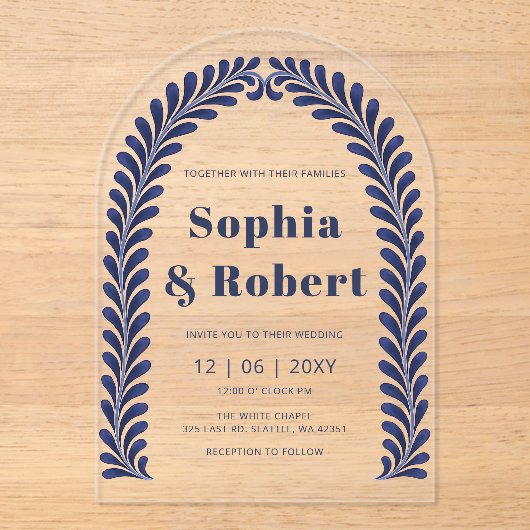 Invitations En Acrylique Mariage mexicain Blue Talavera (Recto)