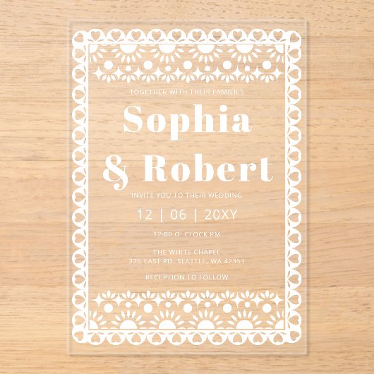 Invitations En Acrylique Mariage mexicain Fiesta Papel Picado Boho (Recto)