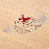 Invitations En Acrylique Mariage minimal script papillon rouge (Poser)