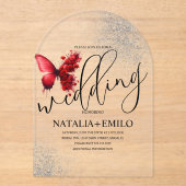 Invitations En Acrylique Mariage minimal script papillon rouge (Recto)