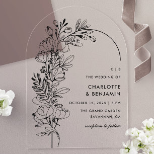 Invitations En Acrylique Mariage minimaliste à l'arche botanique noire