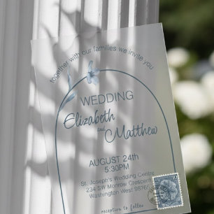 Invitations En Acrylique Mariage Minimaliste Arqué Bleu Pâle Floral Crème