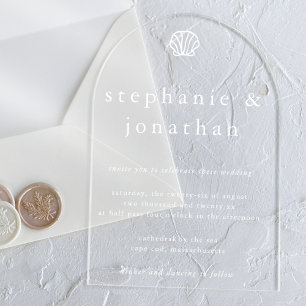Invitations En Acrylique Mariage Minimaliste Blanc de Plage Côtière Coquill