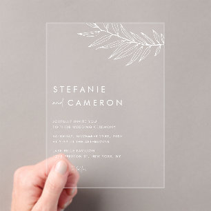 Invitations En Acrylique Mariage minimaliste boho blanc avec feuillage