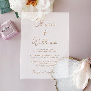 Invitations En Acrylique Mariage minimaliste chic écriture dorée givré