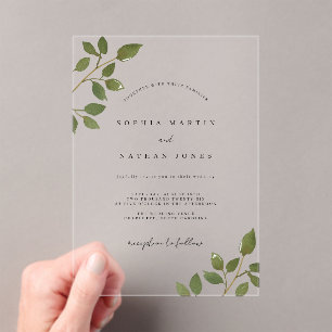 Invitations En Acrylique Mariage minimaliste clair Feuille verte moderne