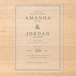 Invitations En Acrylique Mariage Minimaliste Élégant au Vert Sauge