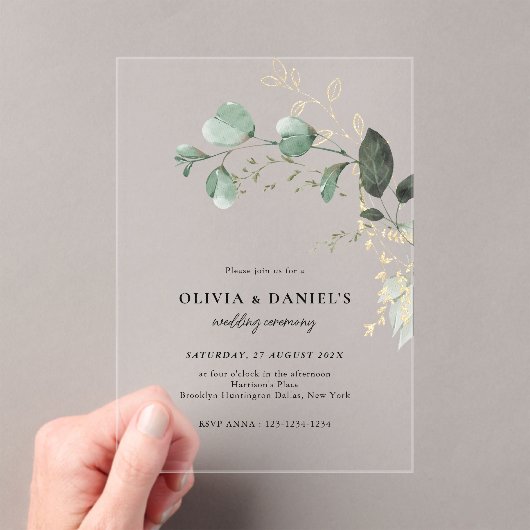 Invitations En Acrylique Mariage minimaliste Gold & Green Eucalyptus (In situ (ordinateur de poche))