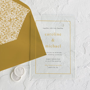 Invitations En Acrylique Mariage Minimaliste Moderne Jaune Doré Élégant