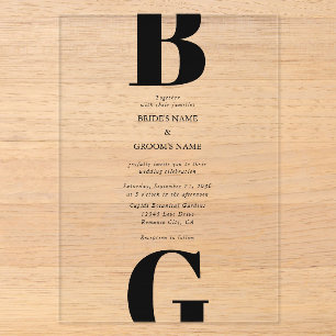 Invitations En Acrylique Mariage Minimaliste Moderne Noir & Clair Monogramm