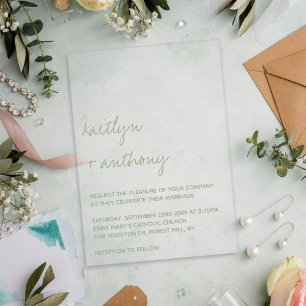 Invitations En Acrylique Mariage minimaliste vert sauge écriture moderne