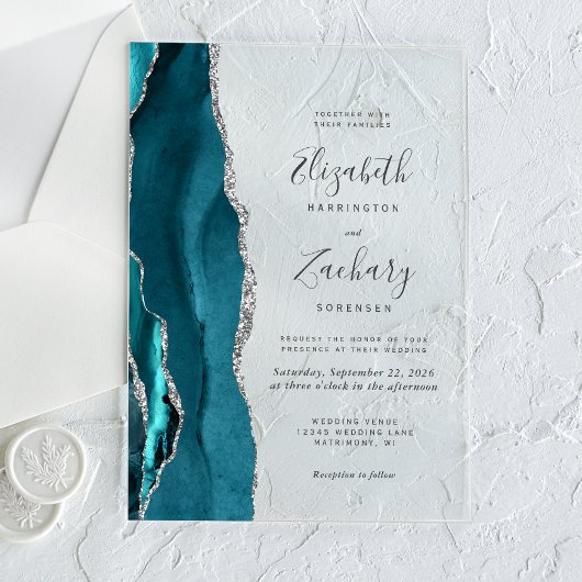 Invitations En Acrylique Mariage Moderne Agate Bleu Turquoise Argent