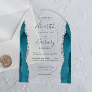Invitations En Acrylique Mariage Moderne Arc Bleu Turquoise Argent Agate