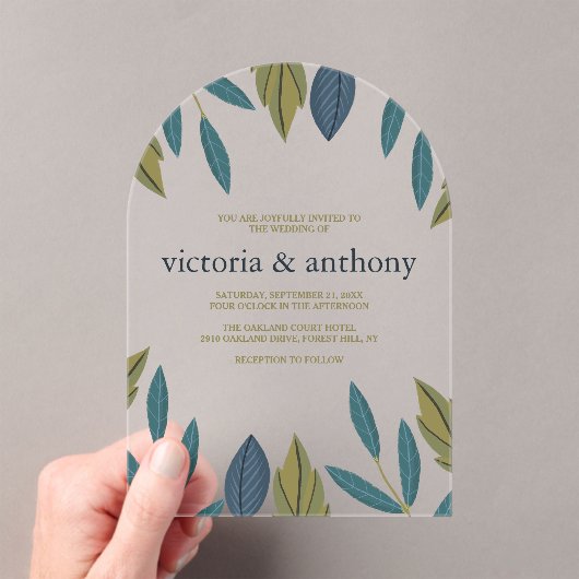 Invitations En Acrylique Mariage Moderne aux Feuilles (In situ (ordinateur de poche))