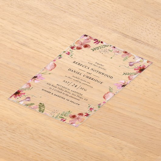 Invitations En Acrylique Mariage moderne aux fleurs roses poussiéreuses (Poser)