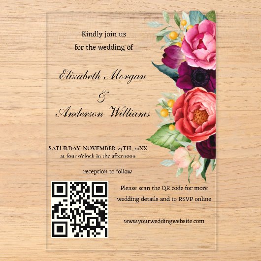 Invitations En Acrylique Mariage moderne avec code QR (Recto)