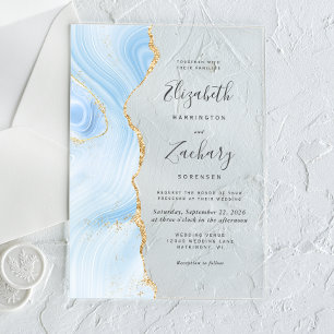 Invitations En Acrylique Mariage Moderne Bébé Bleu Agate Or