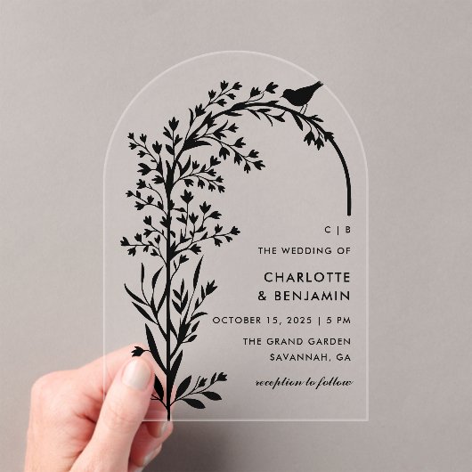 Invitations En Acrylique Mariage moderne Black Bird and Branch (In situ (ordinateur de poche))