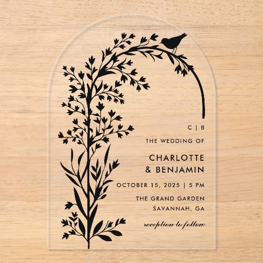 Invitations En Acrylique Mariage moderne Black Bird and Branch (Recto)