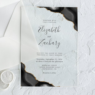 Invitations En Acrylique Mariage moderne Black Gold Agate Corners