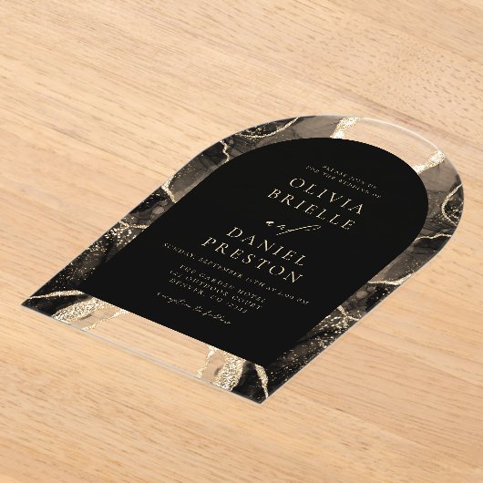 Invitations En Acrylique Mariage moderne Black Gold Agate Elegant (Poser)