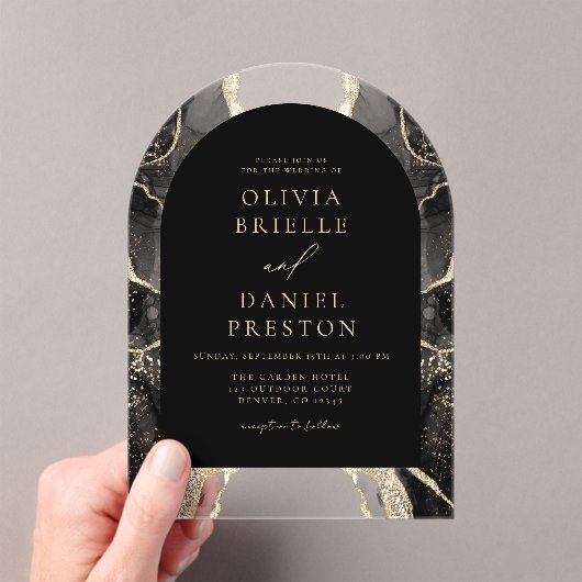 Invitations En Acrylique Mariage moderne Black Gold Agate Elegant (In situ (ordinateur de poche))