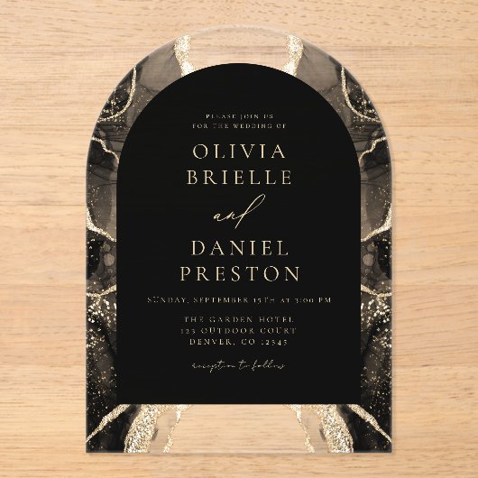 Invitations En Acrylique Mariage moderne Black Gold Agate Elegant (Recto)