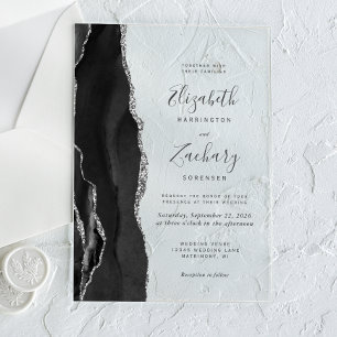 Invitations En Acrylique Mariage moderne Black Silver Agate